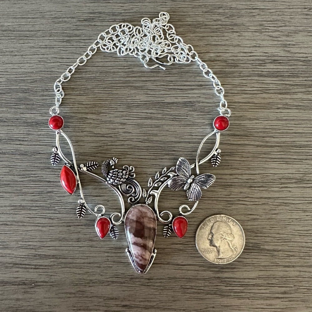 0632 Hand Crafted Silver & Red Peacock Statement Necklace with Filigree Accents - Picture 6 of 11